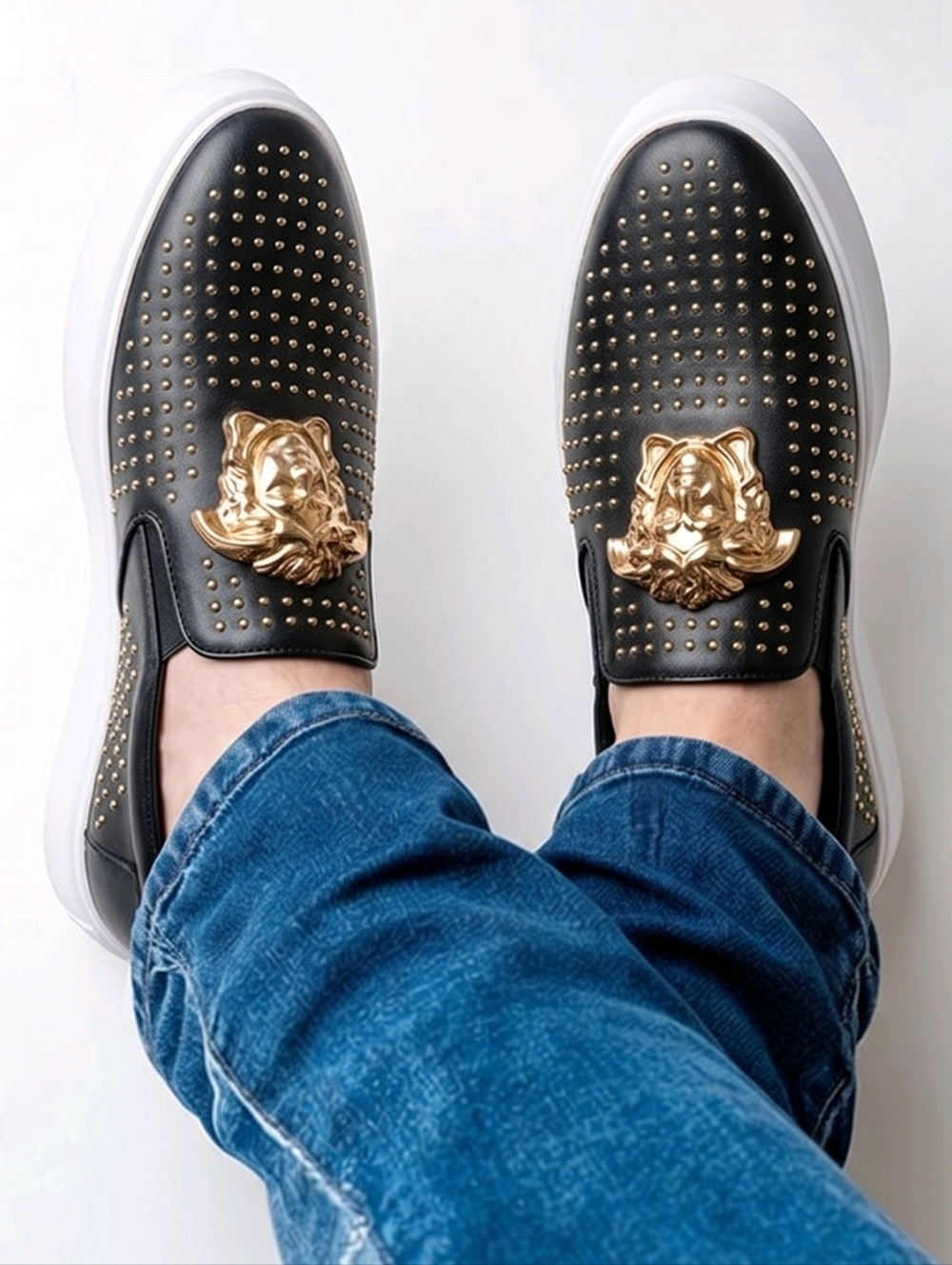 Cabuncci Luxury Leather Black and Gold Men's Loafers EU 42 US 8.5
